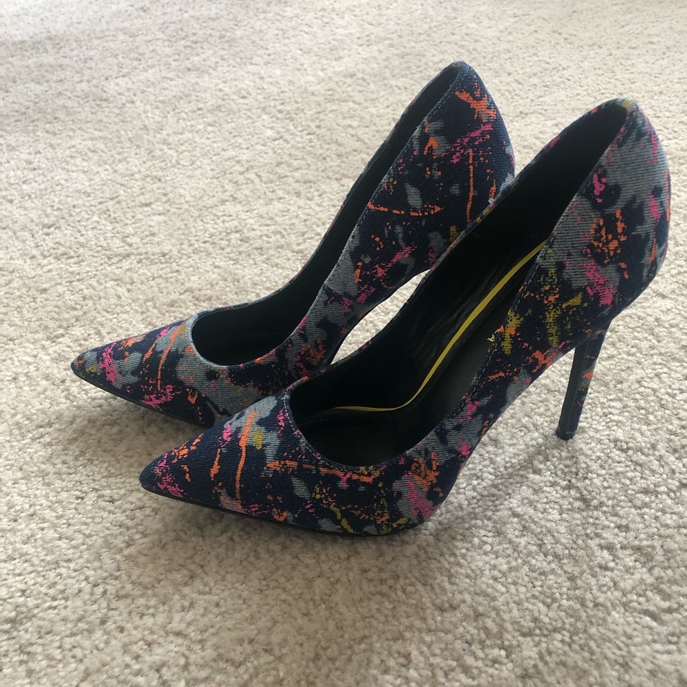 Denim Neon Paint Splatter Stiletto Heels - Pink, Yellow, Blue Jeans Retro 80s - Picture 3 of 6